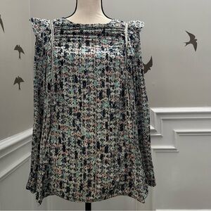 Reiss Womens Blouse Abstract Print Ruffle Zipper Top Blue US Size 10 UK 14